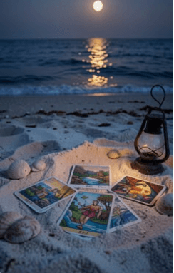 Cartas de tarot dispostas na areia à beira-mar, sob a lua cheia, ao lado de uma lamparina acesa